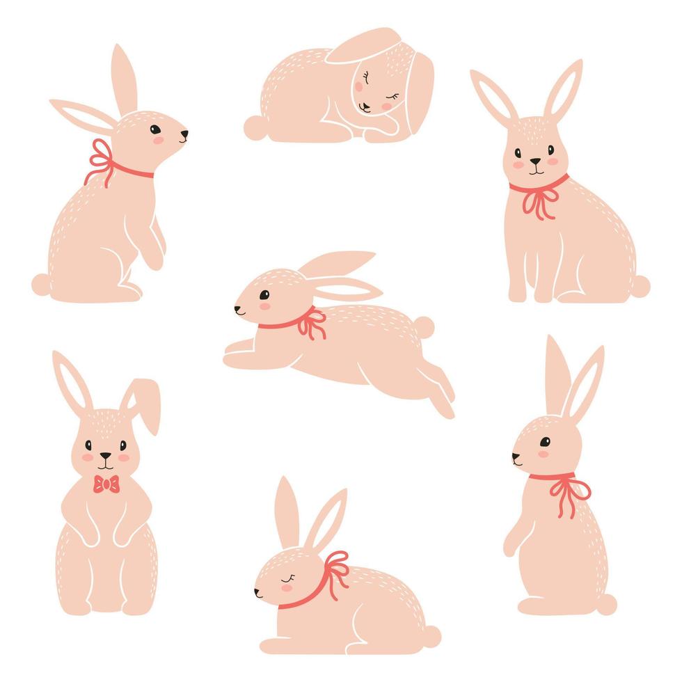 Easter Bunny set. Cute rabbits characters in different poses. Sitting, jumping, sleeping hare. Cute pink animals for kids design. Cartoon flat vector collection isolated on white background.