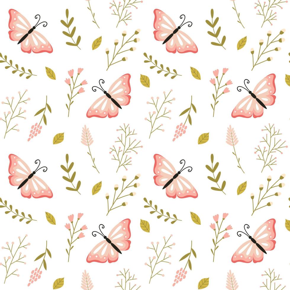 Seamless pattern with hand-drawn cute pink butterflies and spring herbs and twigs. For packaging paper, scrapbooking, children's clothing, home textiles. Vector illustration on a white background.