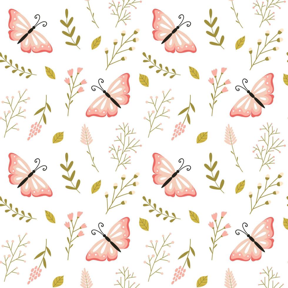 Seamless pattern with hand-drawn cute pink butterflies and spring herbs and twigs. For packaging paper, scrapbooking, children's clothing, home textiles. Vector illustration on a white background.