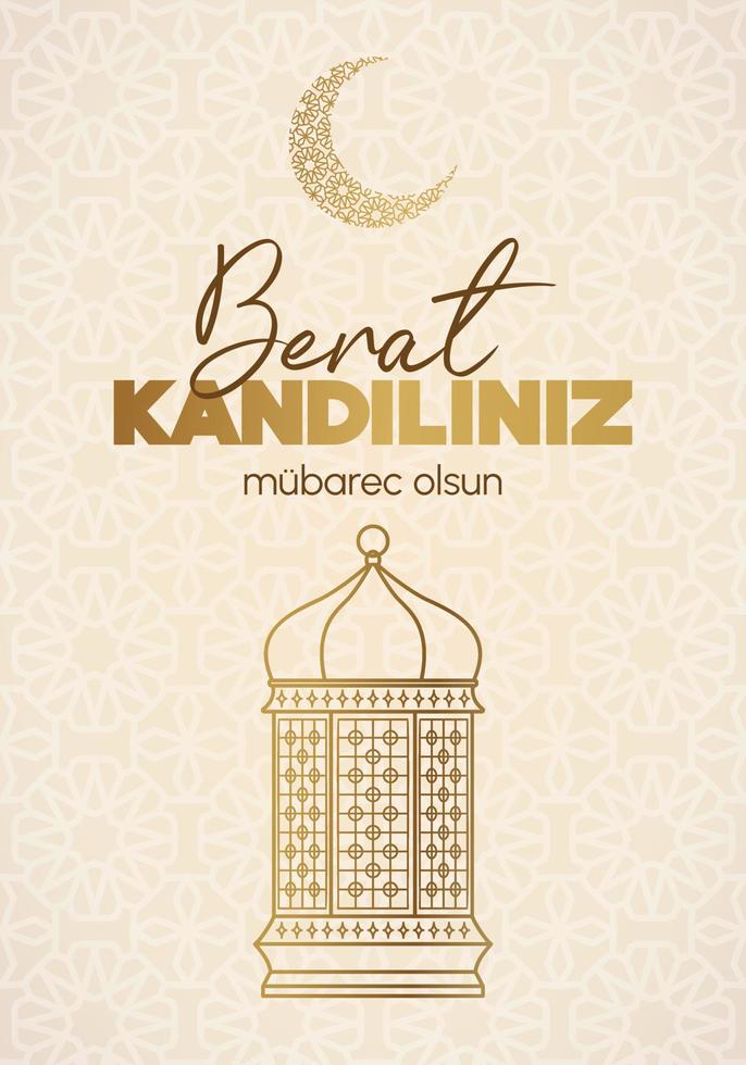 Muslim holiday. Vector concept of Islamic holy night Berat Kandili. Vertical card with lantern and crescent moon with Arabian pattern. Vector on light beige background
