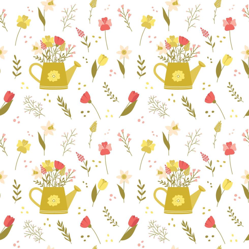 Seamless pattern with cute cartoon illustrations. Green watering can, spring flowers, tulips, daffodils, poppies. Colored backdrop. Cartoon vector illustration on a white background.