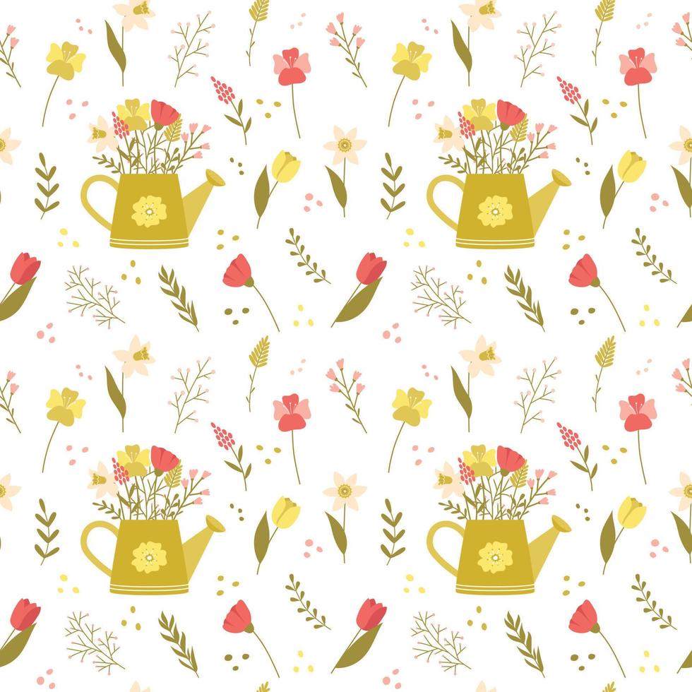 Seamless pattern with cute cartoon illustrations. Green watering can, spring flowers, tulips, daffodils, poppies. Colored backdrop. Cartoon vector illustration on a white background.