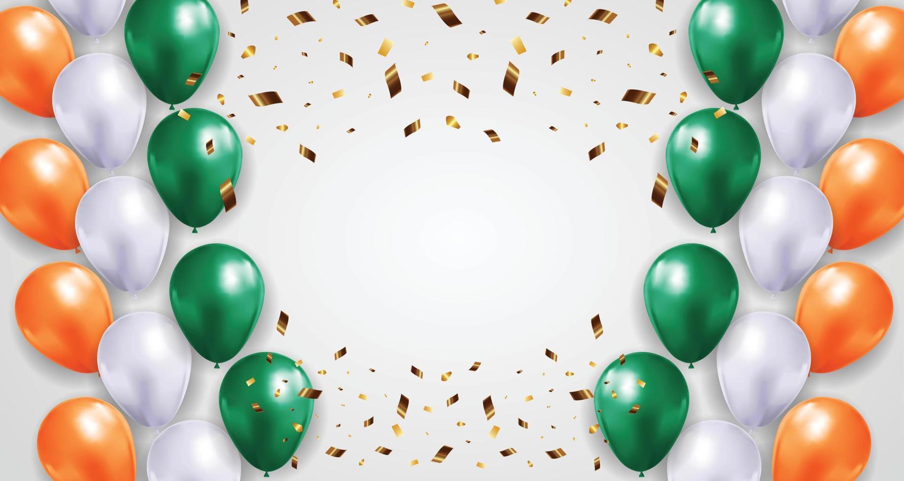 Greeting design in green, orange and white colors with 3d realistic flying balloons. Banner or poster with white, orange and green helium balloons vector
