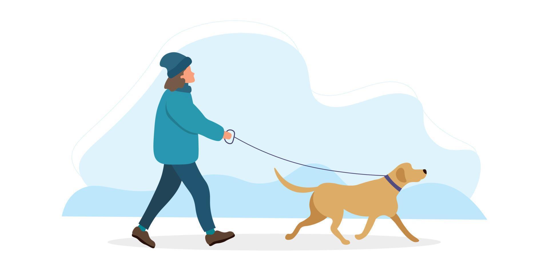 Winter Card. Girl with  Labrador walking in the Park. Winter Landscape Vector Illustration