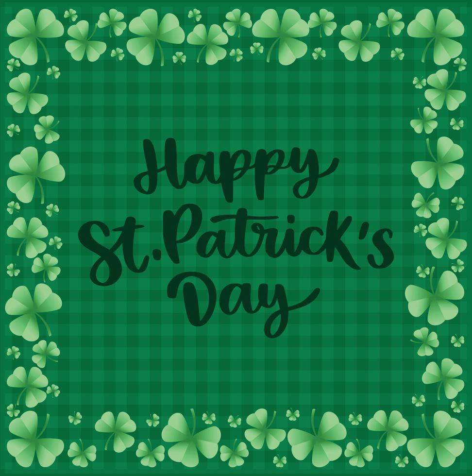 card with frame shamrock clover on green gingham background. Irich holiday greeting card vector