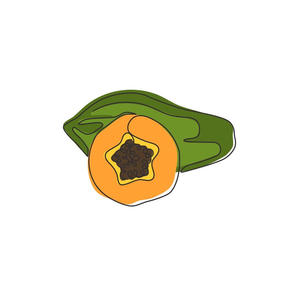 One continuous line drawing half sliced and whole healthy organic papayas for orchard logo. Fresh summer fruitage concept fruit garden icon. Modern single line draw design vector graphic illustration