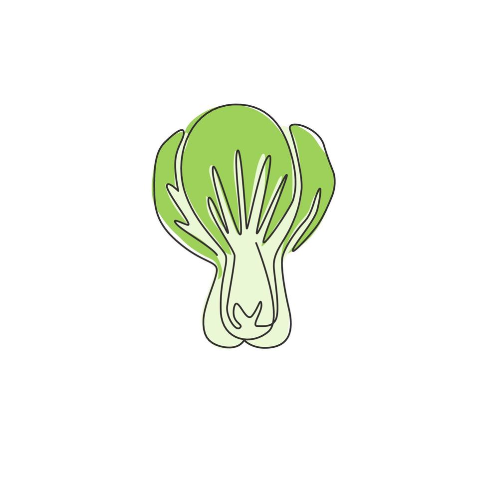 One continuous line drawing of whole healthy organic green bok choy for farm logo identity. Fresh Chinese pakchoy leaves concept for vegetable icon. Modern single line draw design vector illustration