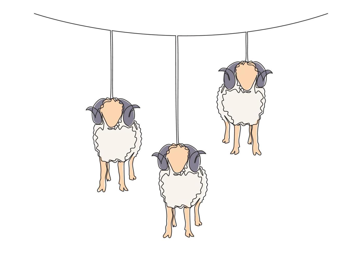 One continuous line drawing of sheeps hanging on rope like the lantern lamps. Muslim holiday the sacrifice an animal, Eid al Adha greeting card concept single line draw design illustration vector
