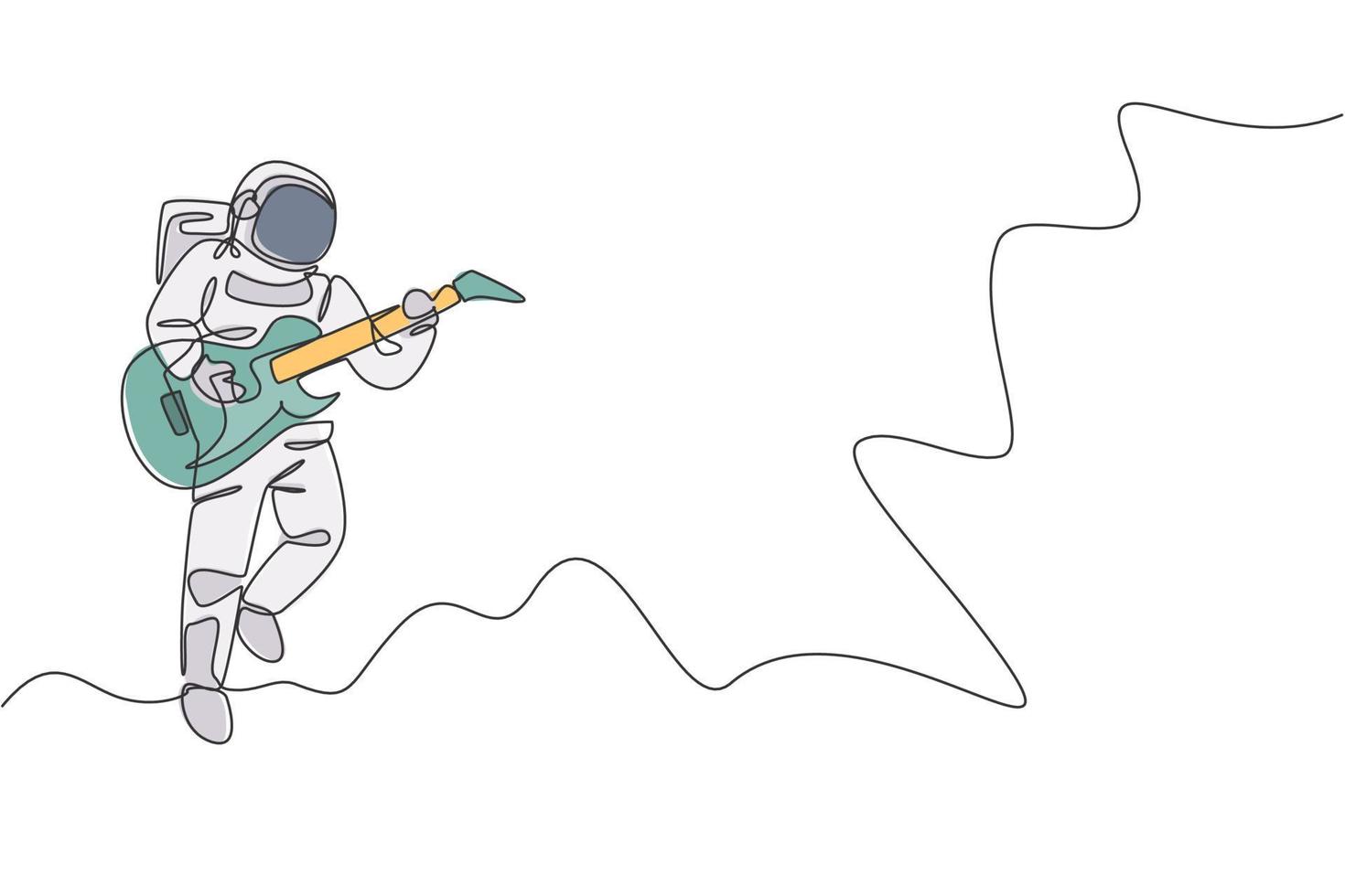 Single continuous line drawing of astronaut playing electric guitar musical instrument in cosmic galaxy. Outer space music concert concept. Trendy one line draw design graphic vector illustration