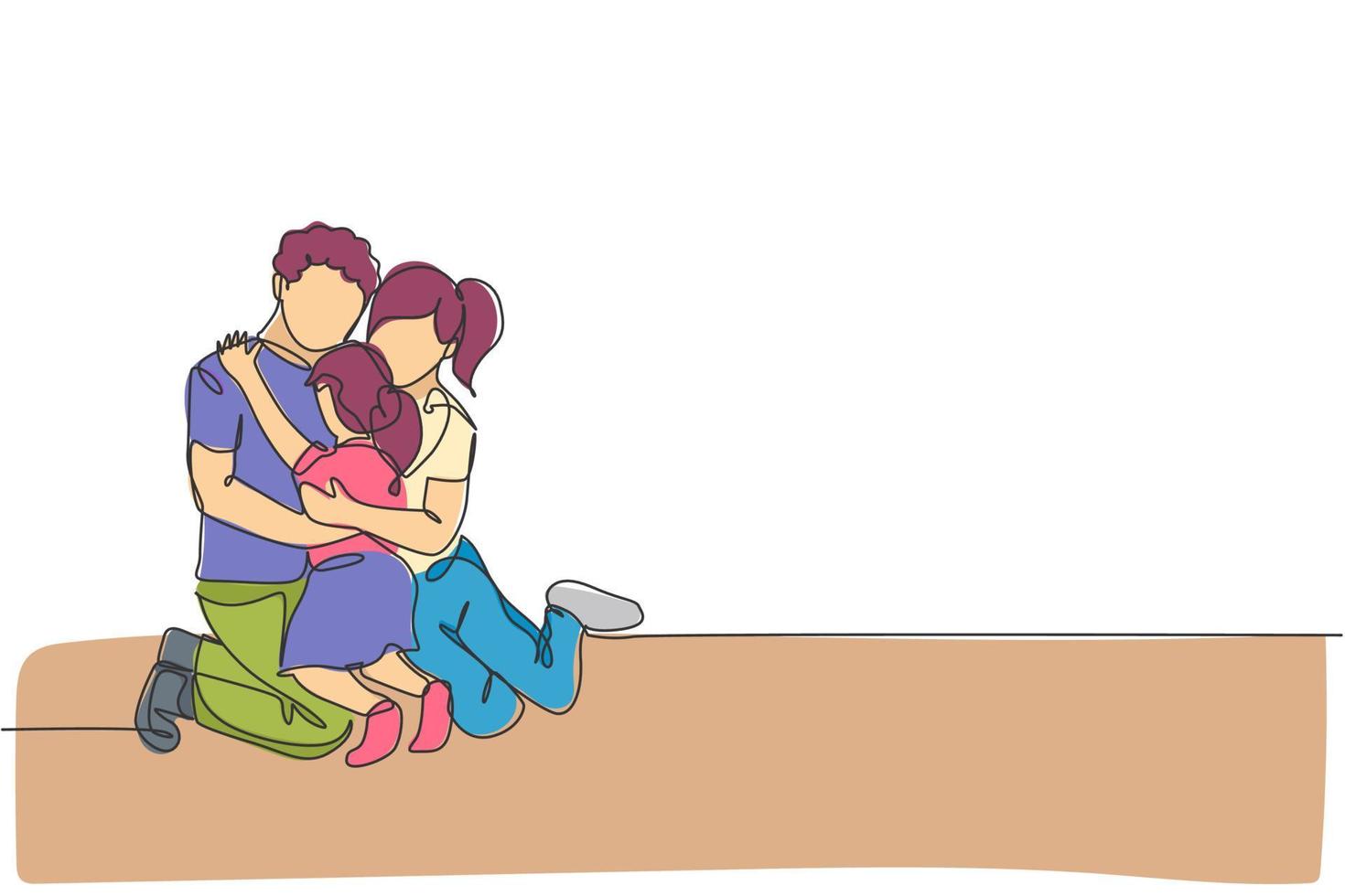 One continuous line drawing of young happy mom and dad hugging their daughter full of warmth . Happy loving parenting family concept. Dynamic single line draw design vector illustration graphic