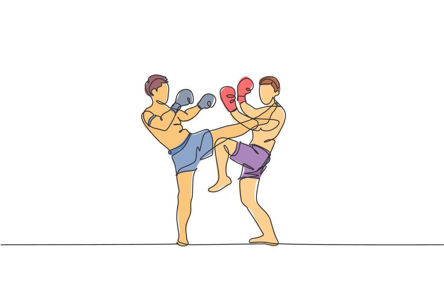 un dibujo de una sola línea de dos jóvenes luchadores de muay thai enérgicos haciendo ejercicio en el gimnasio ilustración vectorial del centro de fitness. concepto de deporte de boxeo tailandés combativo. diseño moderno de dibujo de línea continua vector
