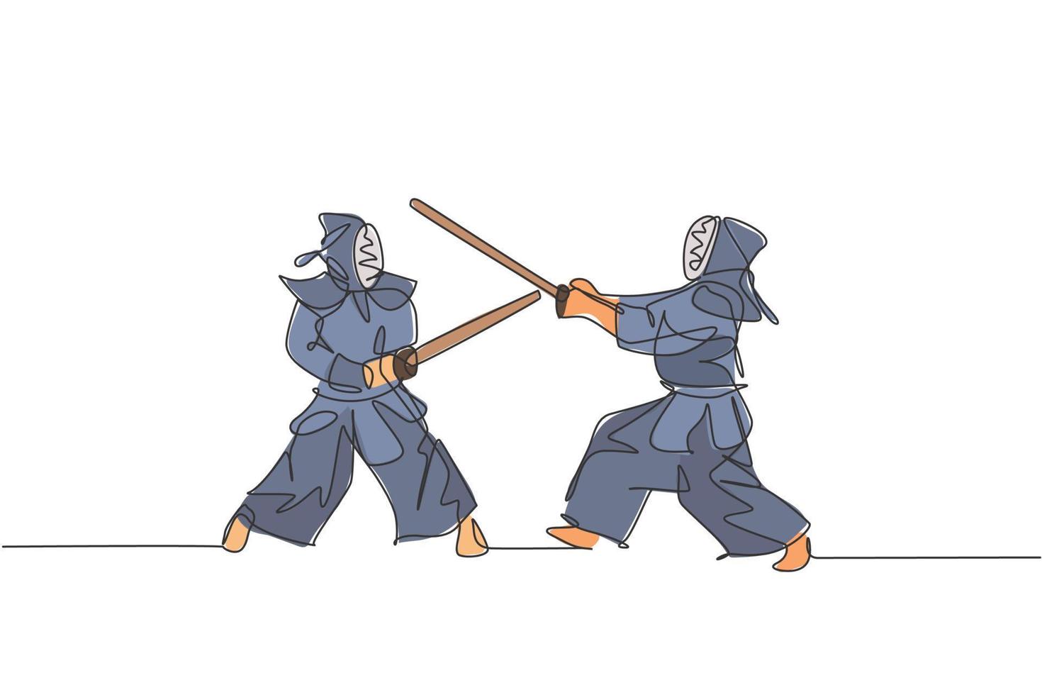 Single continuous line drawing of two young sportive men practicing kendo martial art skill on gym center. Sparring combat. Fighting sport concept. Trendy one line draw design vector illustration