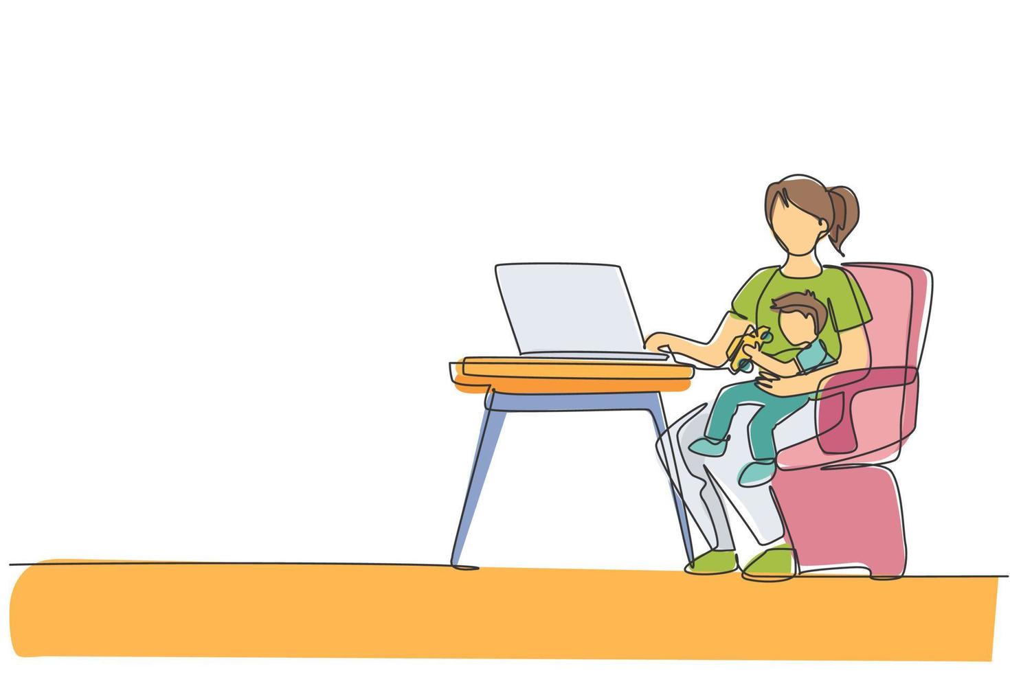 Single continuous line drawing of young mom siting on chair and holding her son while typing on laptop, work from home. Happy family parenting concept. One line draw design vector illustration graphic