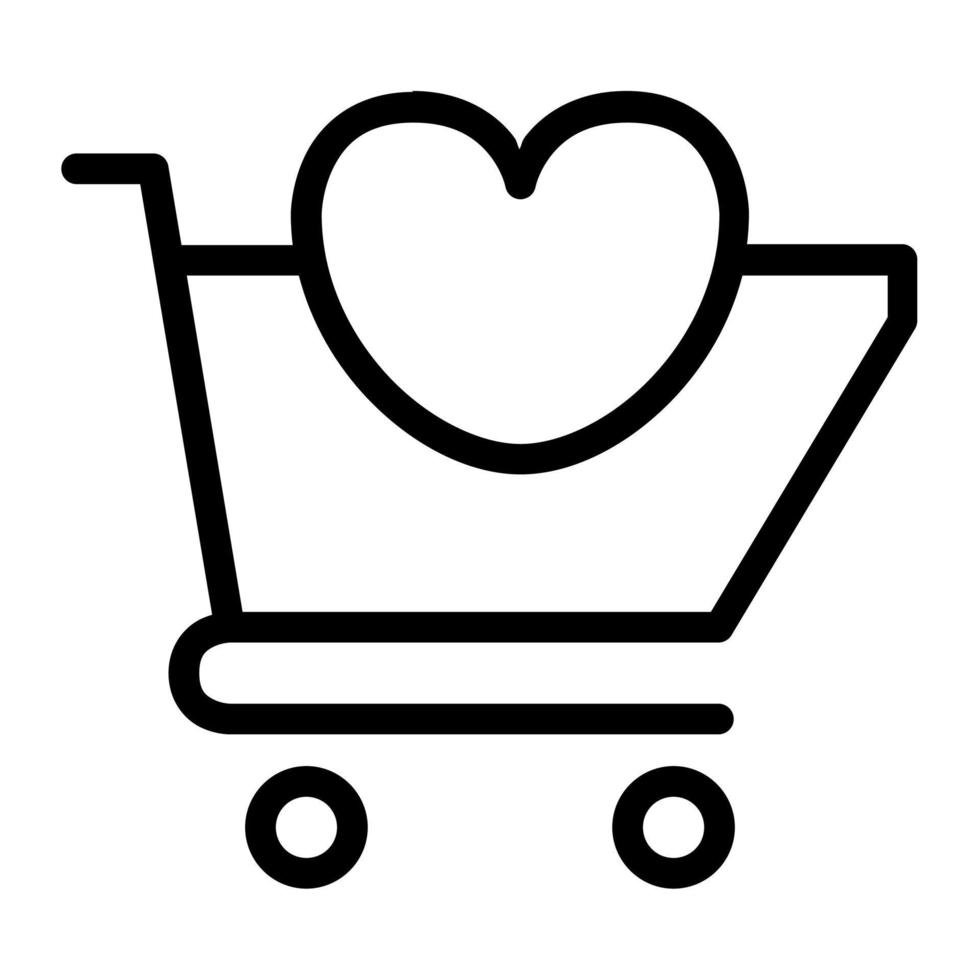 Add to cart with love symbol in outline icon. Wish list, favorite product, ecommerce, shopping cart vector