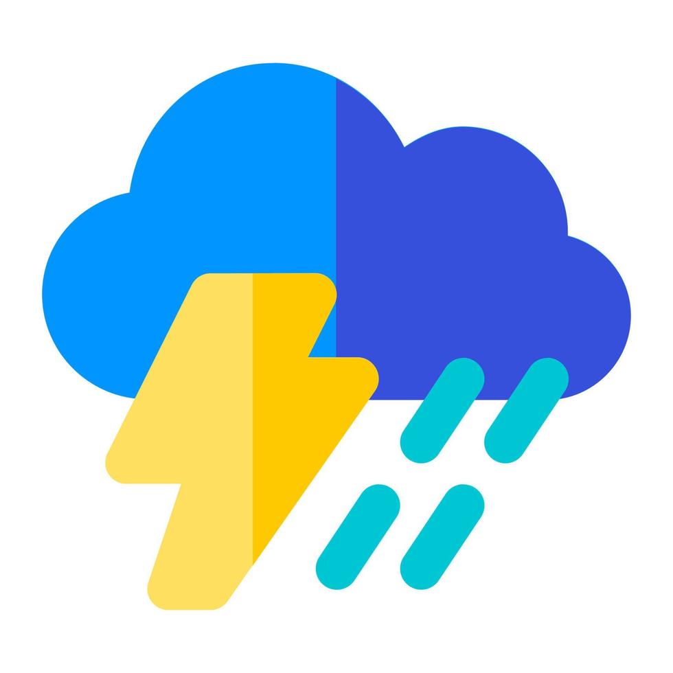 nube con trueno y lluvia soltar en plano icono. pesado lluvia, tormenta, tormenta, tormenta de lluvia, clima, pronóstico vector