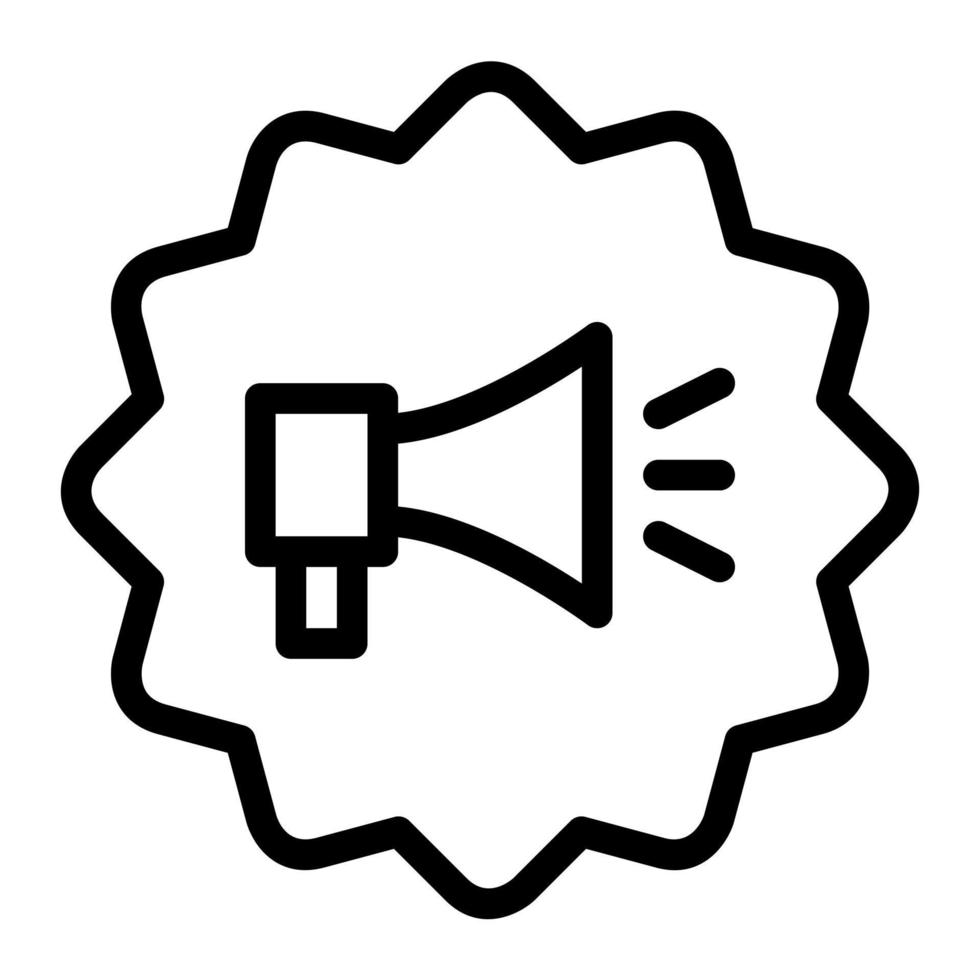 Isolated megaphone badge in outline icon on white background. Advertising, bullhorn, promotion, marketing vector