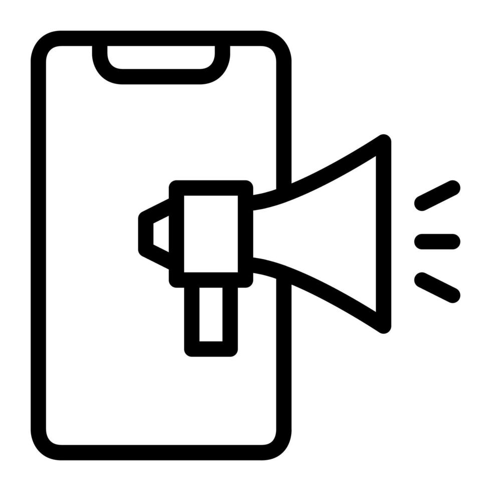 Isolated digital marketing in outline icon on white background. Mobile marketing, advertising, megaphone, bullhorn vector