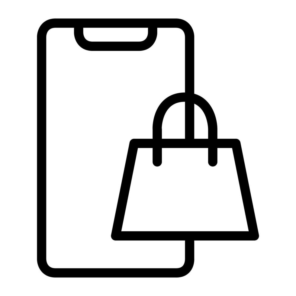 Isolated online shop in outline icon on white background. Market place, shopping bag, smartphone vector