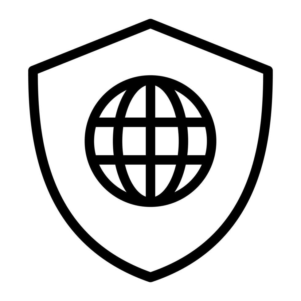 Isolated cyber security in outline icon on white background. Defender, shield, guard, protection, internet, network, globe vector