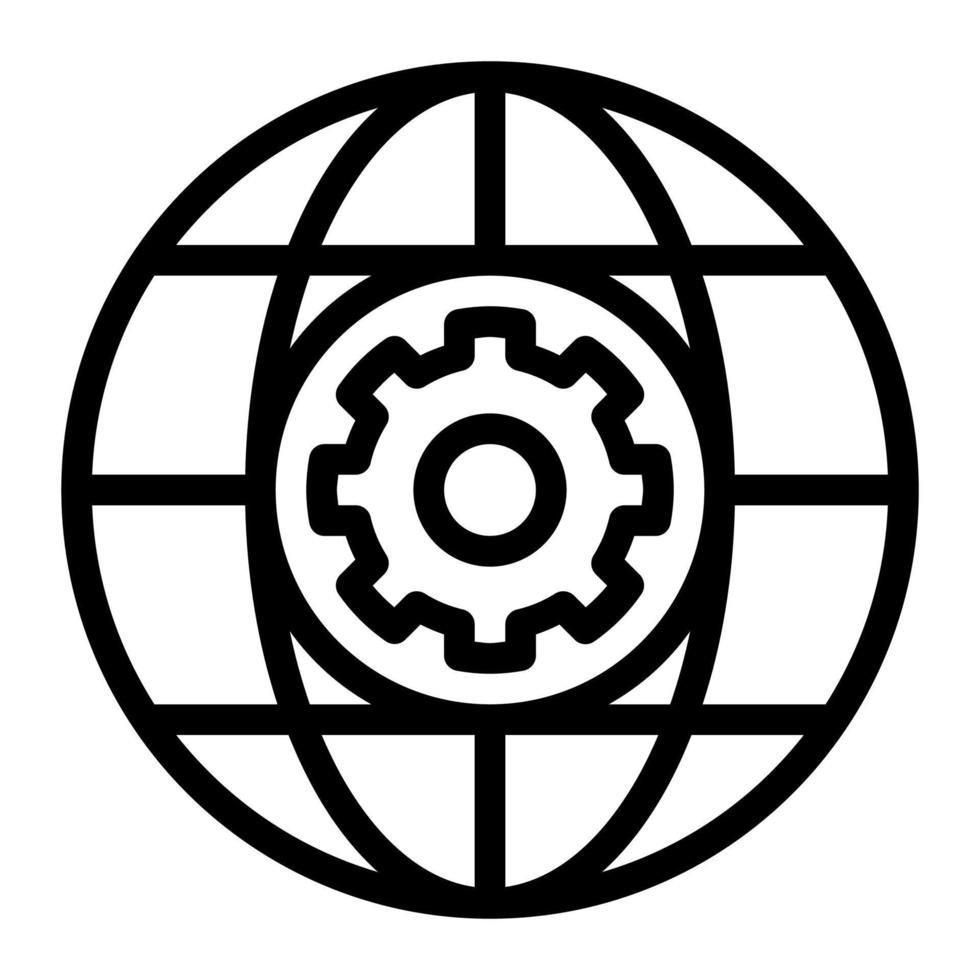 Isolated internet settings in outline icon on white background. Network, globe, cogwheel, options, configuration vector