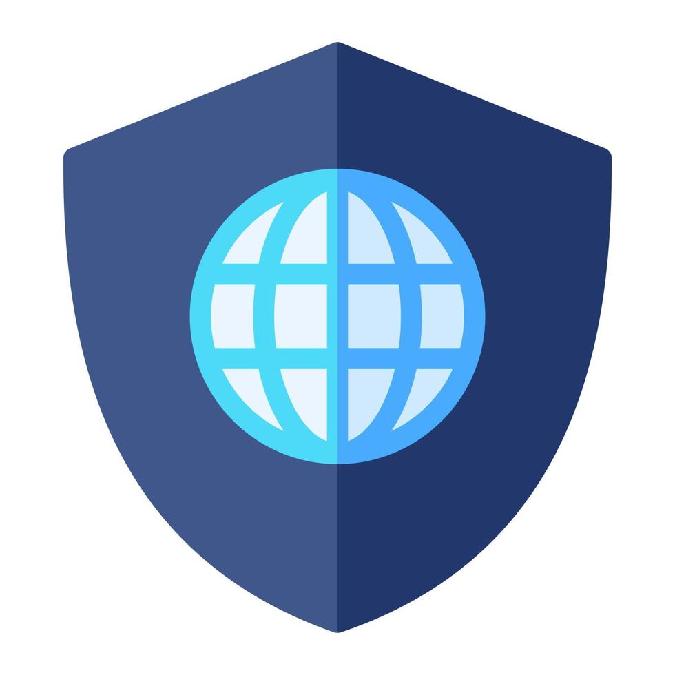 Isolated cyber security in flat icon on white background. Defender, shield, guard, protection, internet, network, globe vector