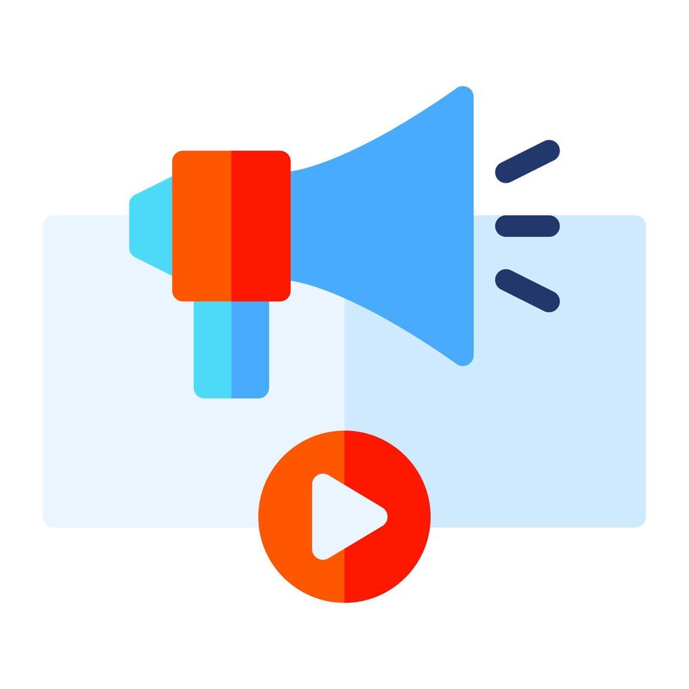 Isolated video advertising in flat icon on white background. Megaphone, bullhorn, online ads, marketing vector