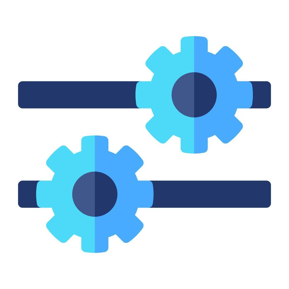 Isolated settings in flat icon on white background. Configuration, cogwheel, machine, transmission vector