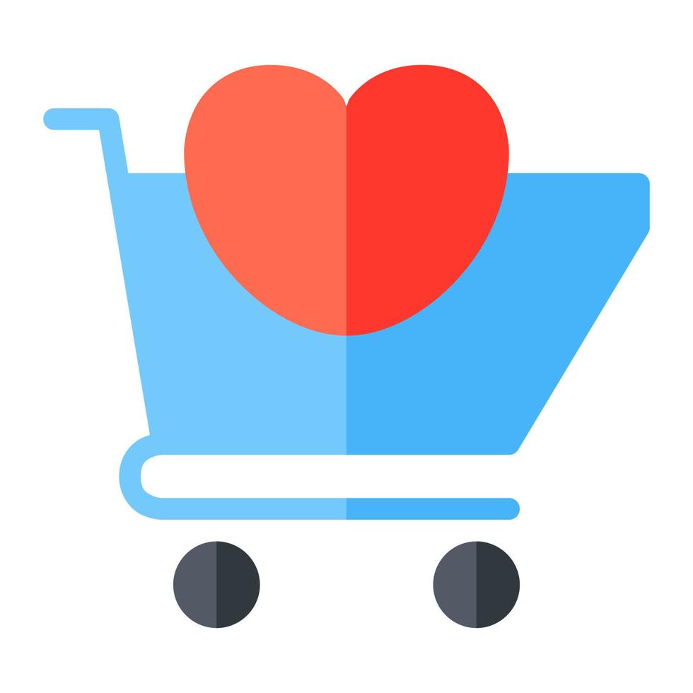 Add to cart with love symbol in flat icon. Wish list, favorite product, ecommerce, shopping cart vector