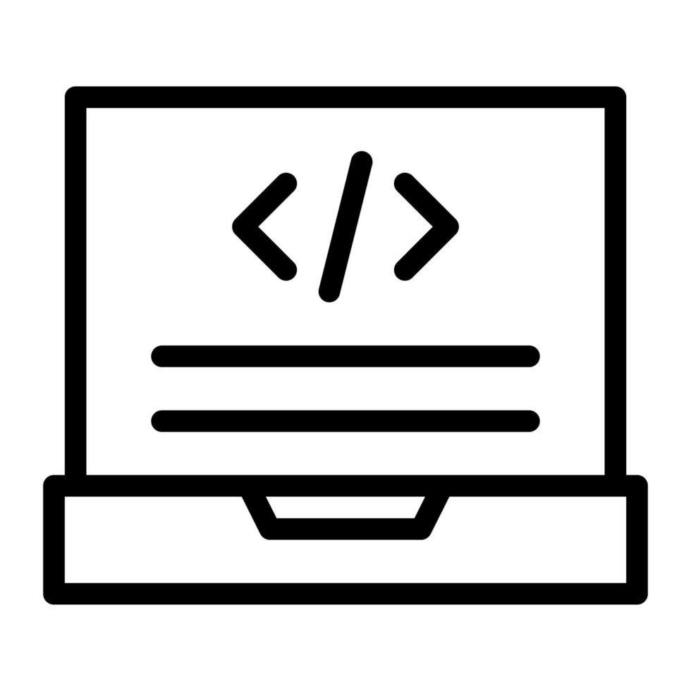 Isolated programming in outline icon on white background. Coding, laptop, script vector
