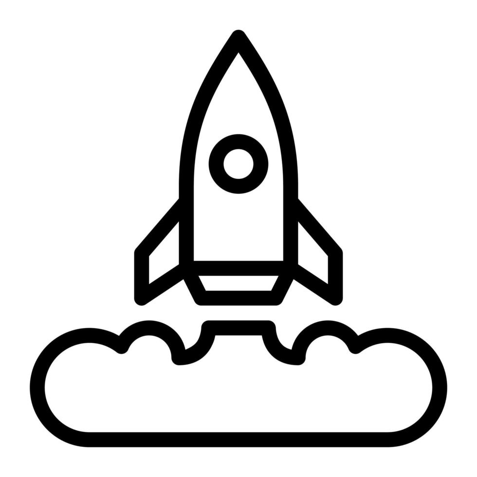 solated rocket launch in outline icon on white background. Launching, boost, startup, advertising, marketing vector