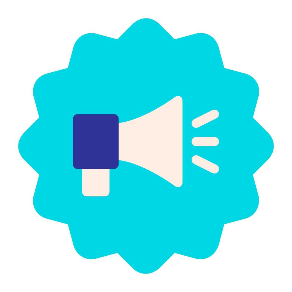 Isolated megaphone badge in flat icon on white background. Advertising, bullhorn, promotion, marketing vector