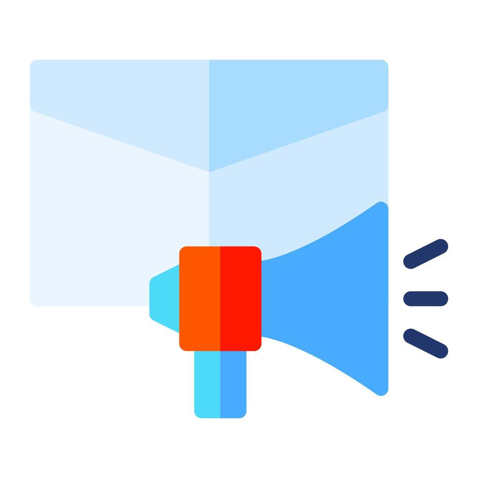 Isolated email marketing in flat icon on white background. Newsletter, campaign, envelope, bullhorn, megaphone vector