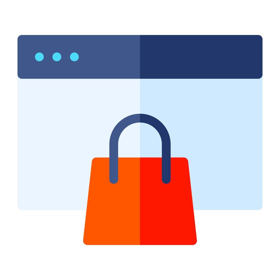 Isolated online shopping in flat icon on white background. Online store, marketplace, shopping bag, tab, browser vector