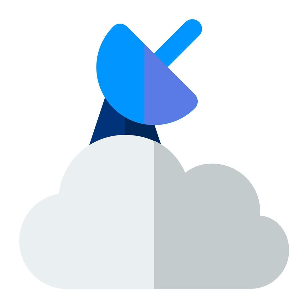 climatología, meteorología, observatorio símbolo. nube con satélite antena en plano icono estilo. clima, pronóstico firmar vector