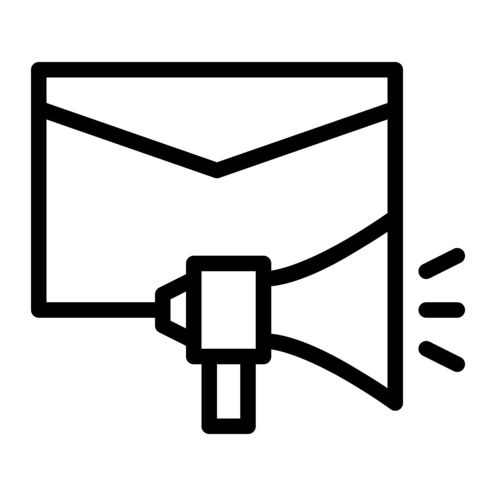 Isolated email marketing in outline icon on white background. Newsletter, campaign, envelope, bullhorn, megaphone vector