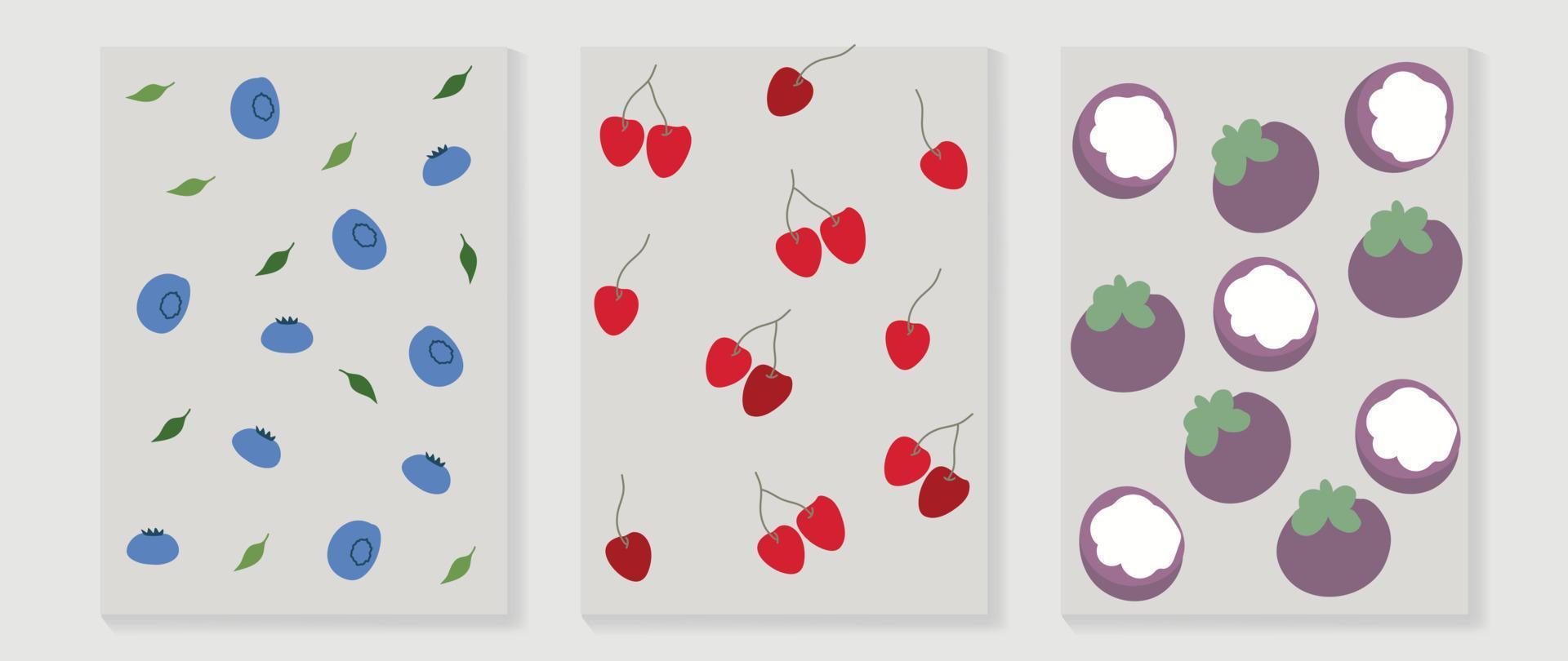 Fresh fruit wall art background vector set. Minimal drawing tropical fruit pattern of blueberry, cherry, mangosteen. Spring and summer season design for home decor, interior, wallpaper, fabric.