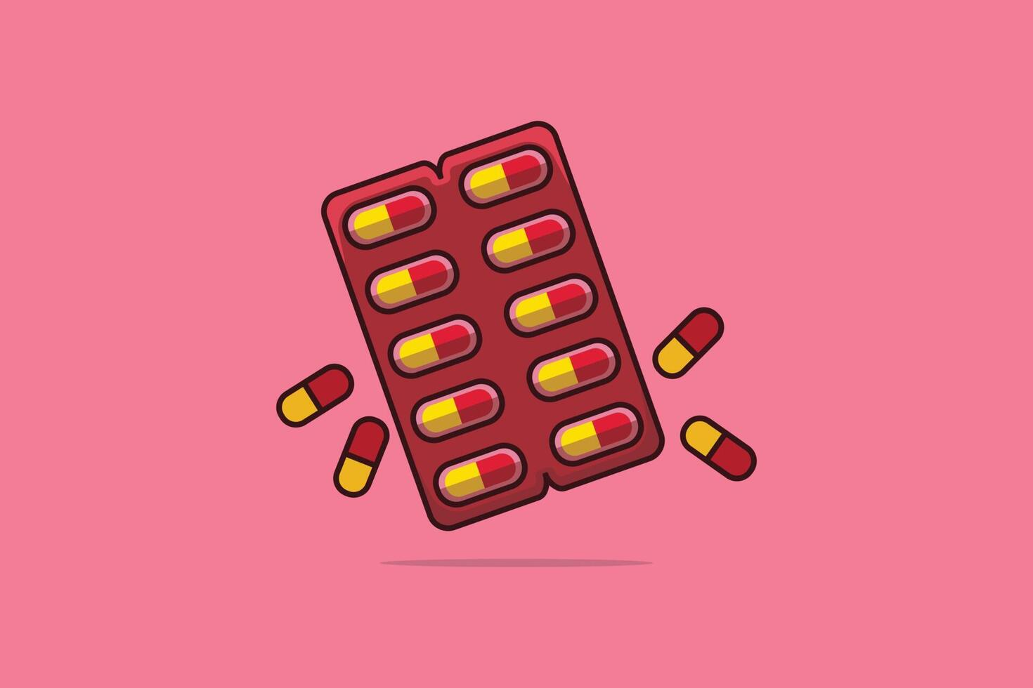 cápsula pastillas tira vector ilustración. cuidado de la salud medicina icono concepto. medicamentos pastillas embalaje tabletas vector diseño con sombra en rosado antecedentes.