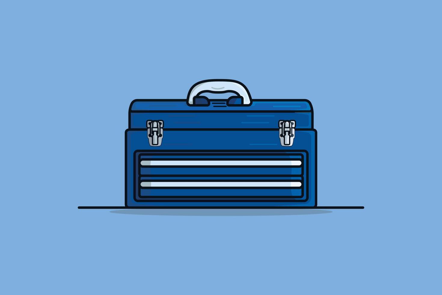 Mechanic Repairing Tool Box vector illustration. Mechanic and Plumber working tool equipment icon concept. Portable blue metal tool box vector design with shadow on blue background.