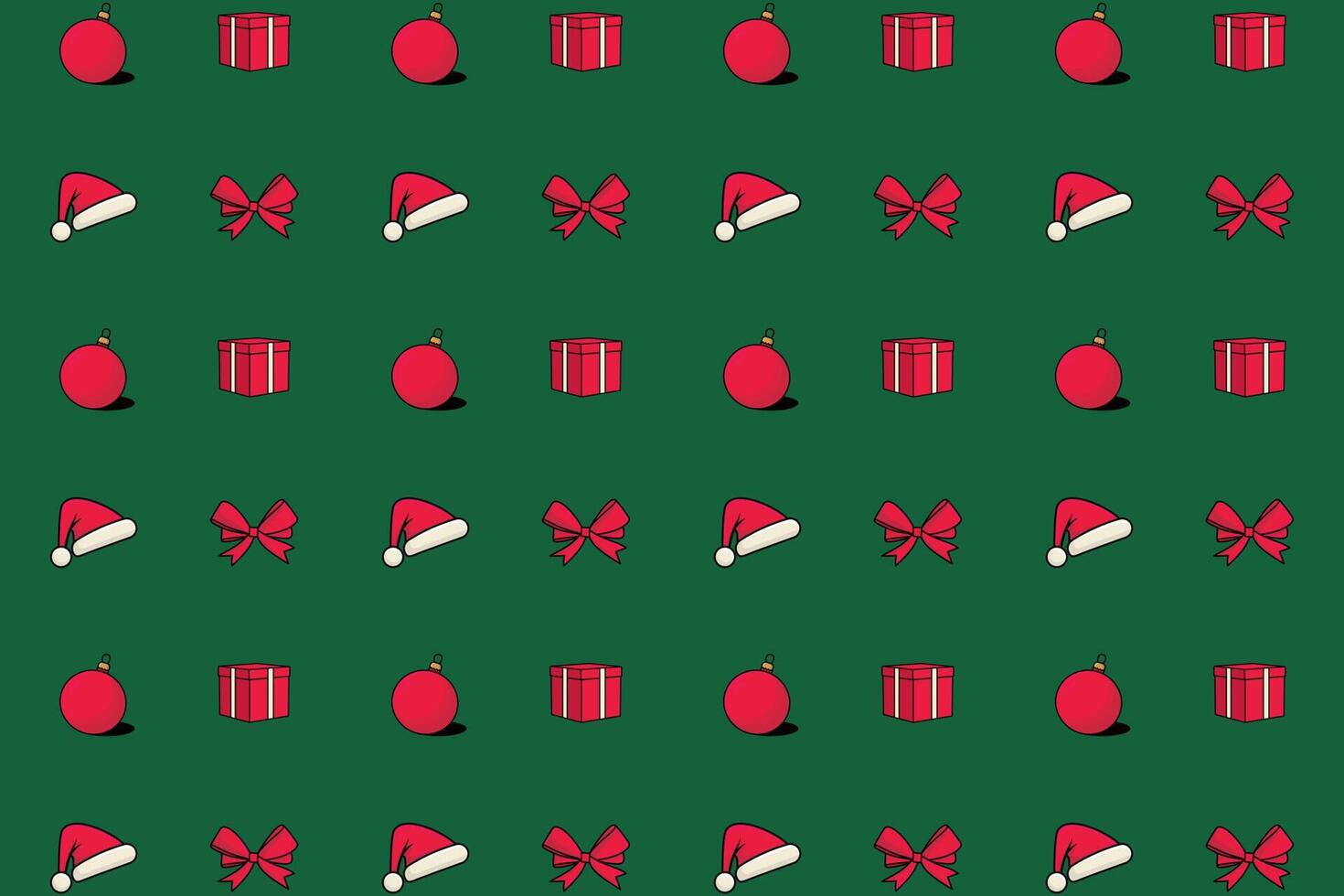 Set of Christmas Celebration Objects seamless pattern background. Collection of Santa Claus Hat, Light Bulbs, Gift Box and Gift Ribbon vector design. Christmas background pattern.
