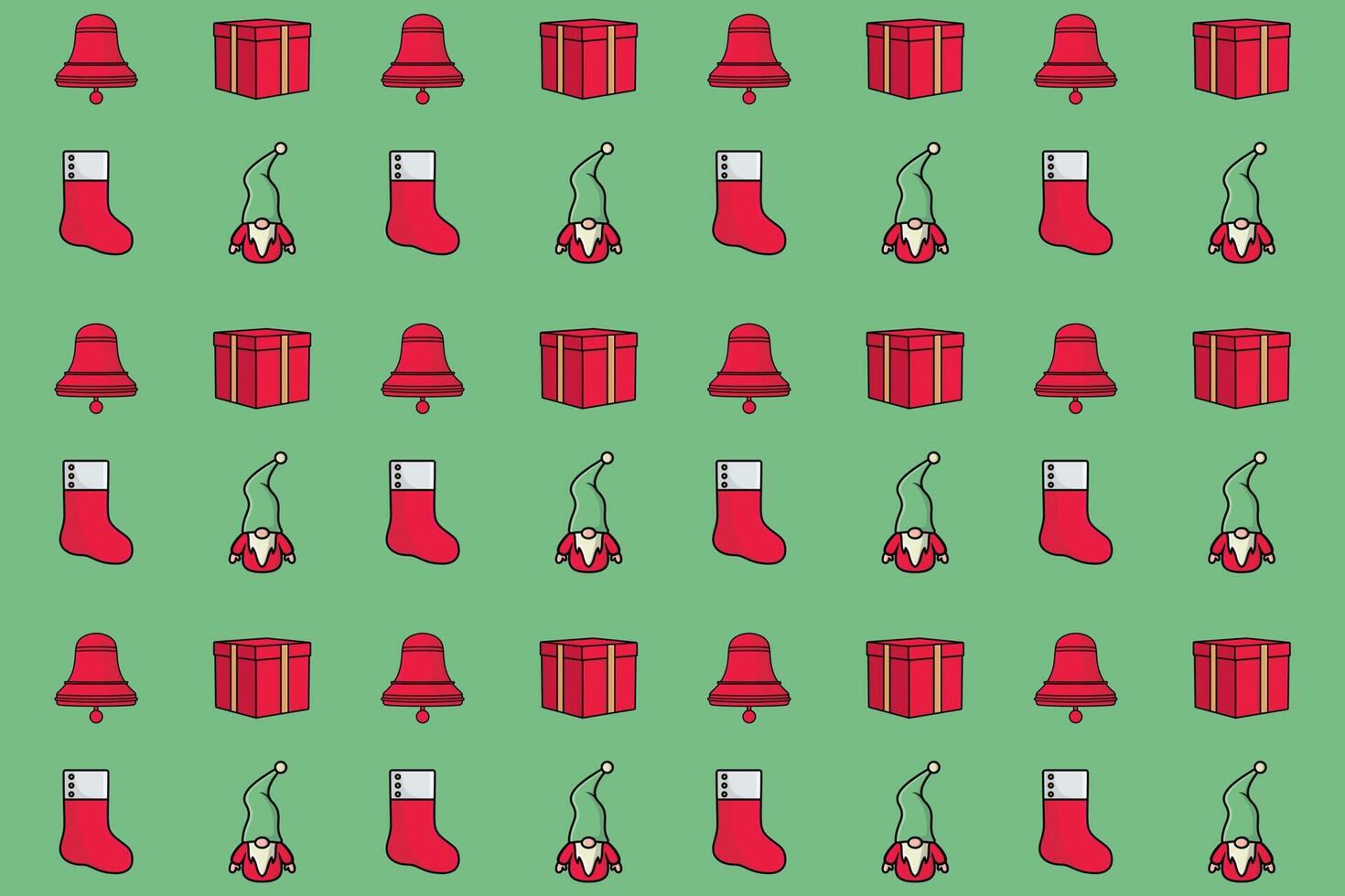 Set of Christmas Celebration Objects seamless pattern background. Collection of Santa Claus, Socks, Gift Box and Bell vector illustration. Colorful Christmas background pattern.