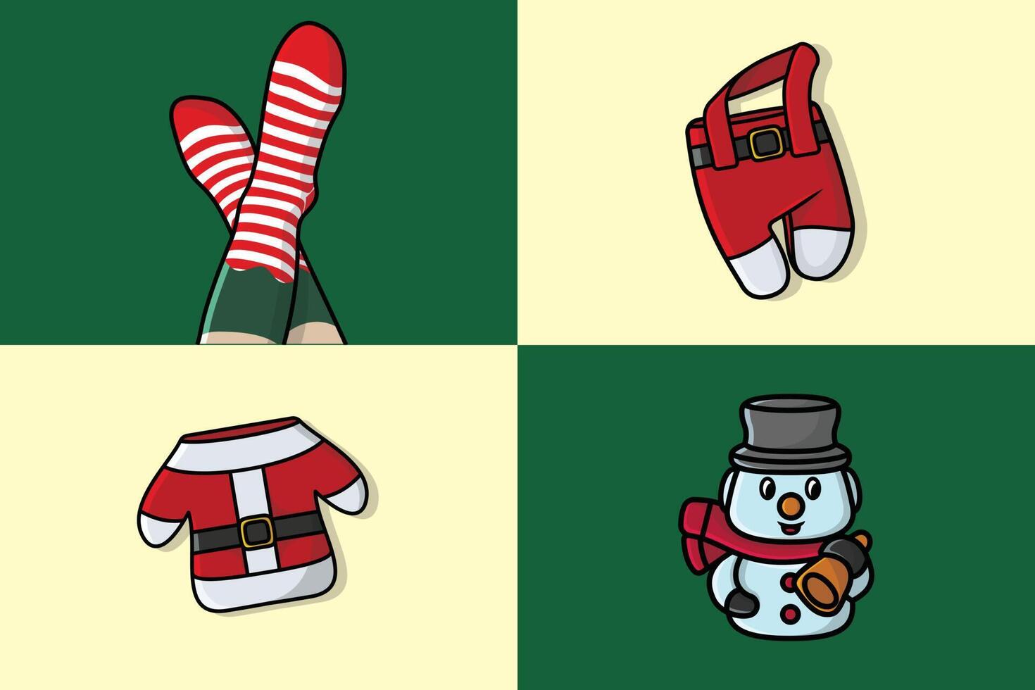 Collection of Christmas Santa Claus Suit, Snowman and Santa Claus foot vector illustration. Holiday objects icon concept. Christmas decoration equipment set icon design.