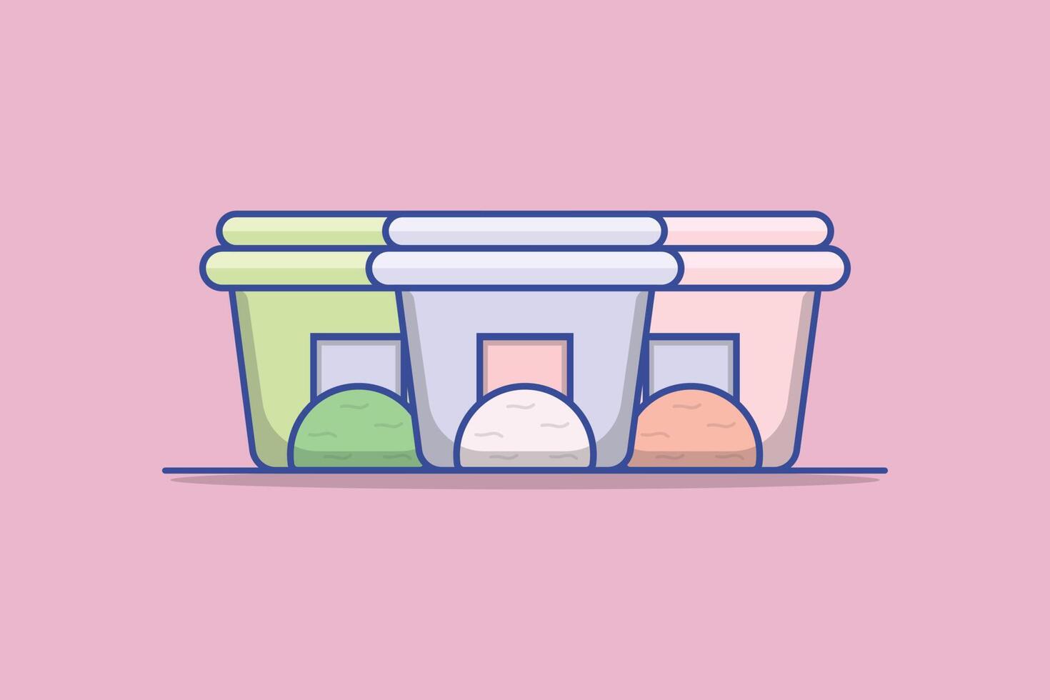 Delicious Ice Cream Boxes Set vector illustration. Summer food and ice cream object icon concept. Ice cream plastic bucket container set packaging vector design with shadow on pink background.