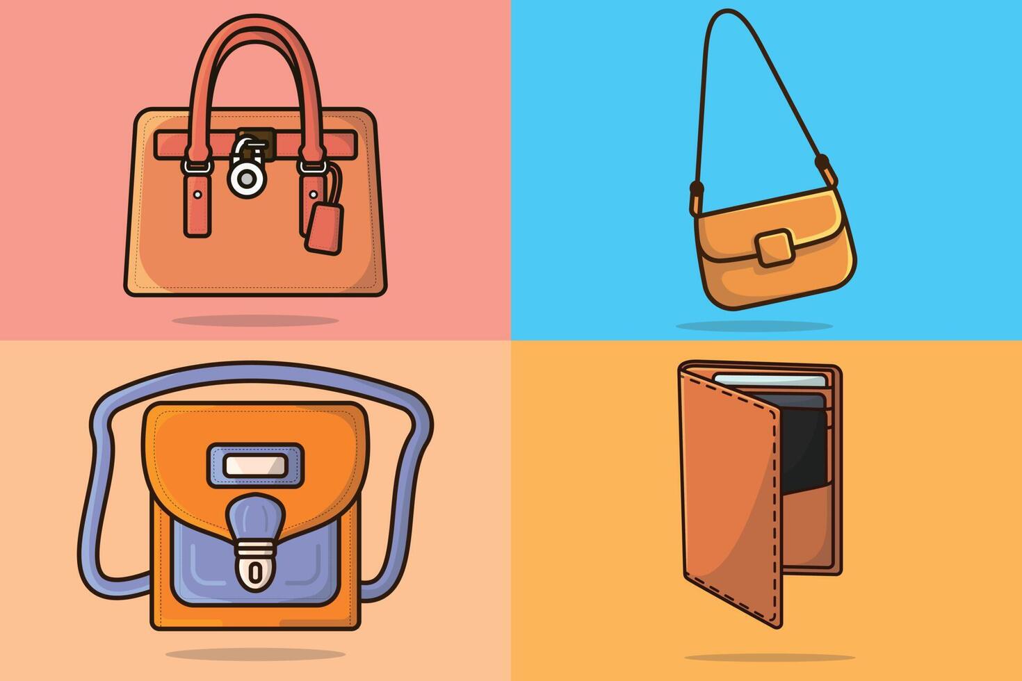 Collection of Woman Beautiful Purse vector illustration. Beauty and fashion objects icon concept. Female stylish leather handbag and pocket purse vector design. Female accessory, Fashion bags icons.