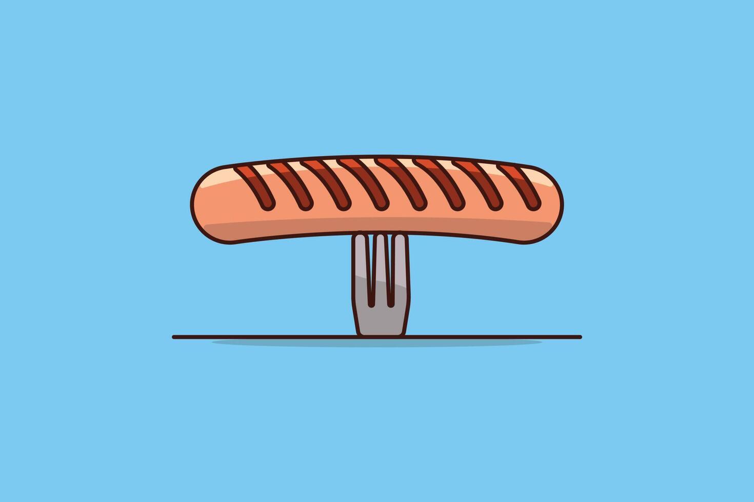 BBQ Sausage with Fork vector illustration. Food object icon concept. Food sausage and fork vector design with shadow on blue background. Barbecue logo. BBQ time. Restaurant. Menu. Food. Sausage icon.