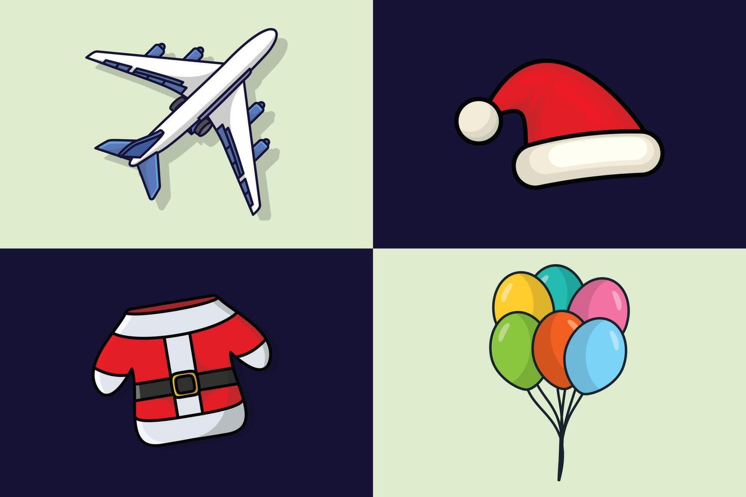 conjunto de Navidad celebracion y de viaje objeto vector ilustración. Navidad fiesta objeto icono concepto. Papa Noel claus traje, cabeza sombrero, globo y avión colección vector diseño, Navidad icono.