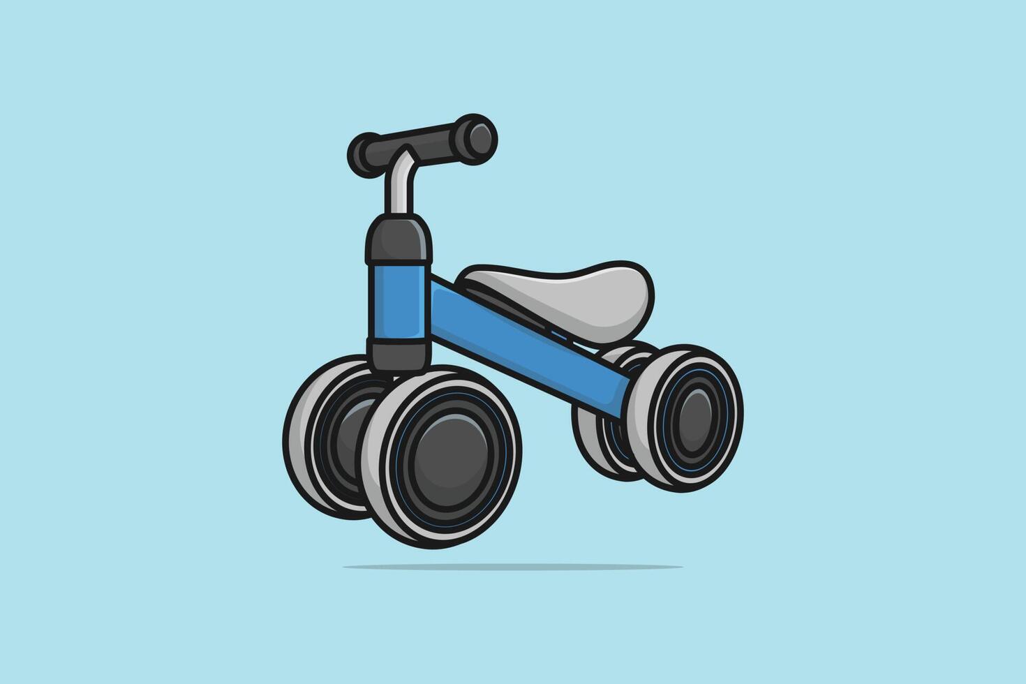 para niños triciclo con gris asiento y direccion rueda vector ilustración. personas transporte objeto icono concepto. un bicicleta o empujar bicicleta sin pedales para niño vector diseño con sombra.