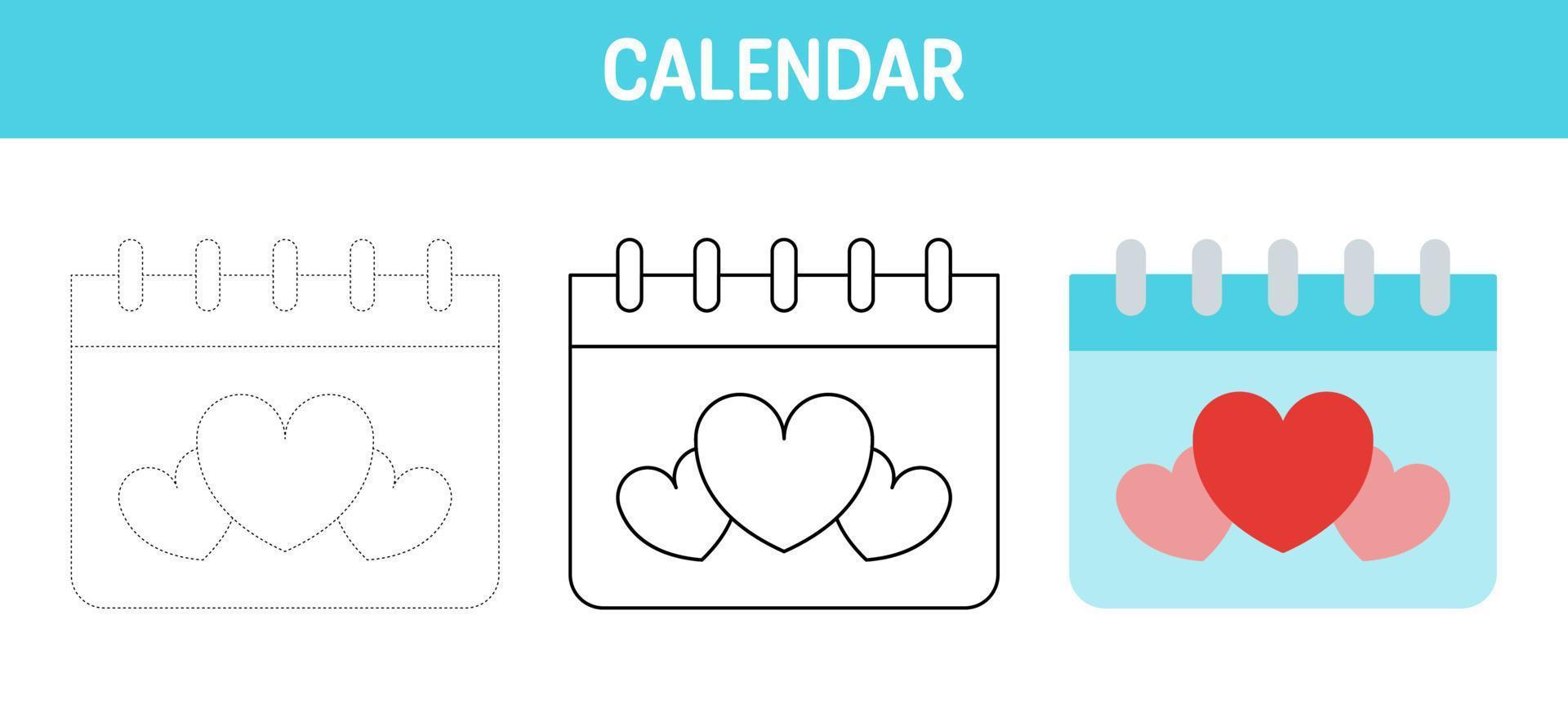Calendar tracing and coloring worksheet for kids vector