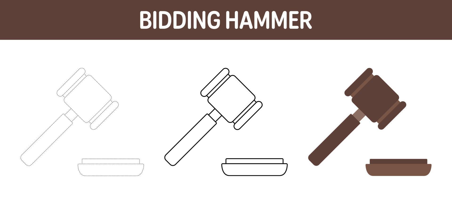 Bidding Hammer tracing and coloring worksheet for kids vector