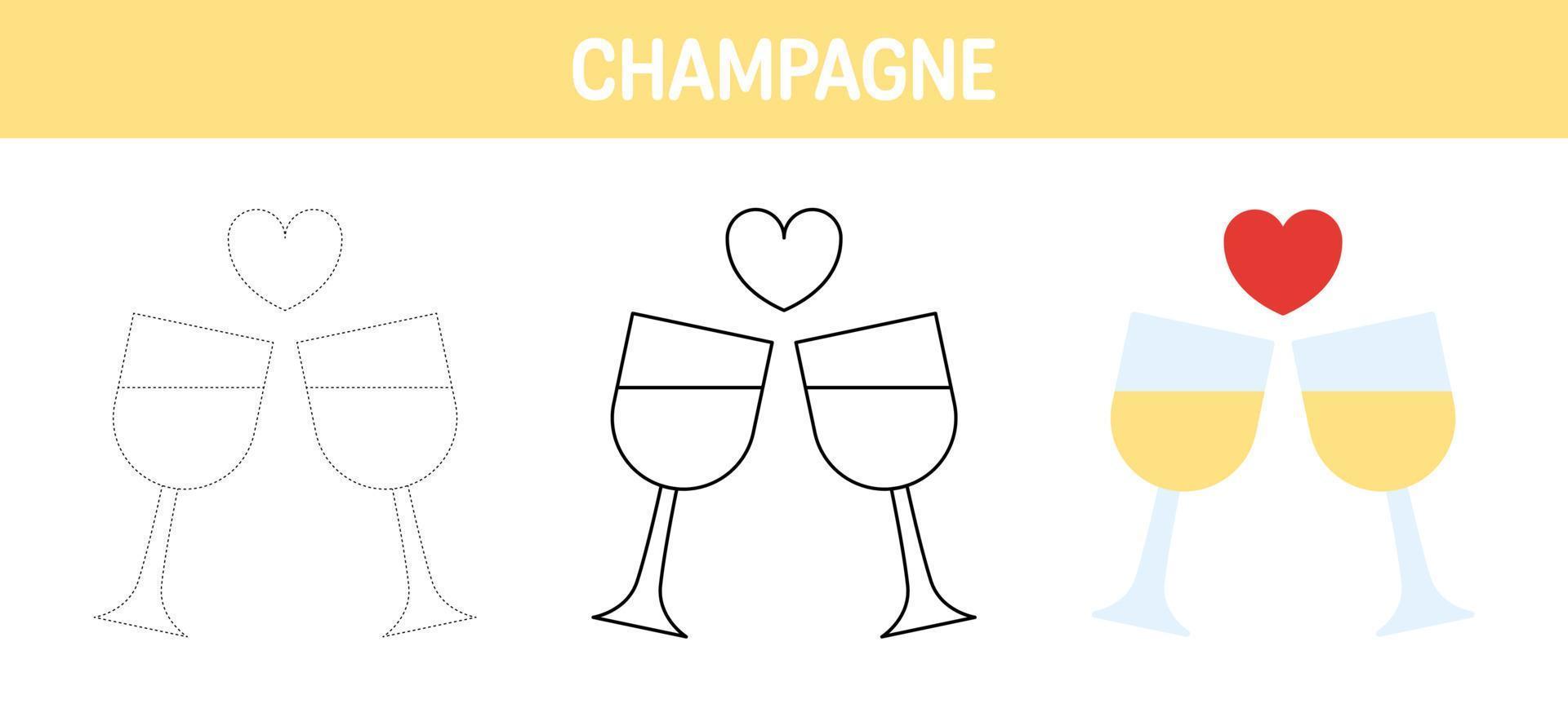 Champagne tracing and coloring worksheet for kids vector