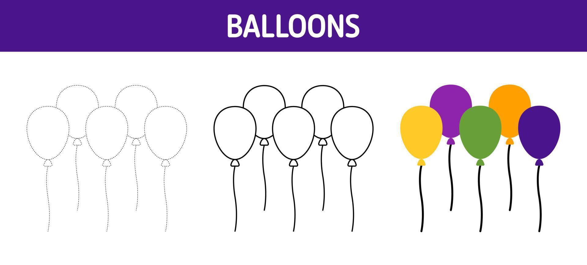 Balloons tracing and coloring worksheet for kids vector